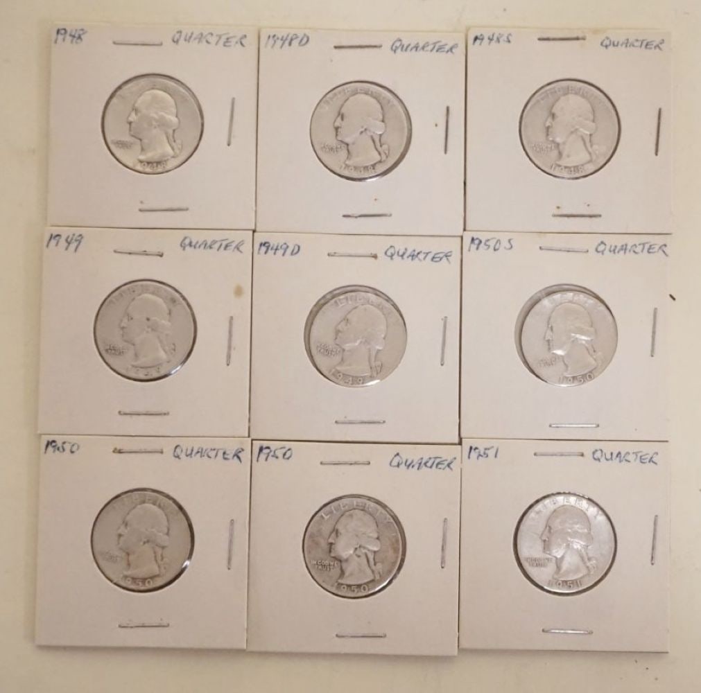 GROUP OF 9 ASSORTED SILVER WASHINGTON QUARTERS (1 of 4)