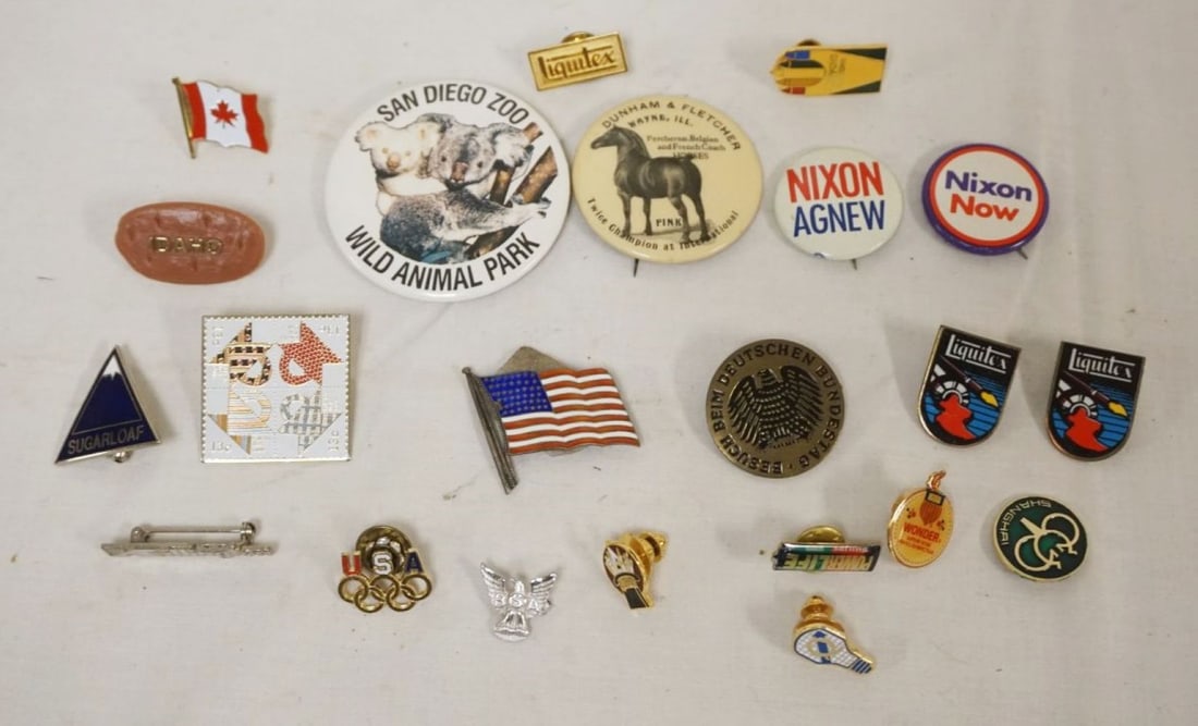 GROUP OF ADVERTISING PINS: GROUP OF ADVERTISING PINS WITH NIXON, DUNHAM & FLETCHER HORSES, OLYMPICS AND MORE