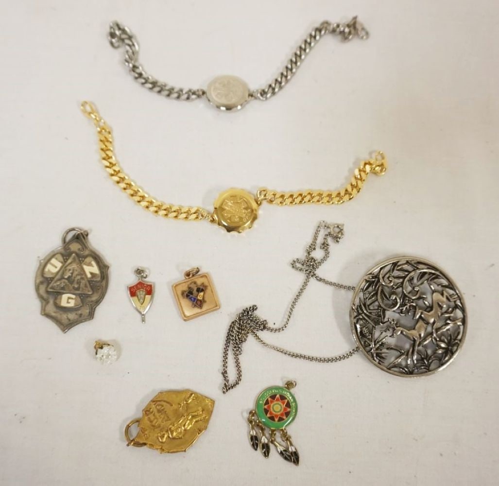 JEWELRY GROUP: JEWELRY GROUP INCLUDING 2 MEDICAL ALERT BRACELETS, AMERIQUE PENDANT AND FRATERNAL PENDANTS