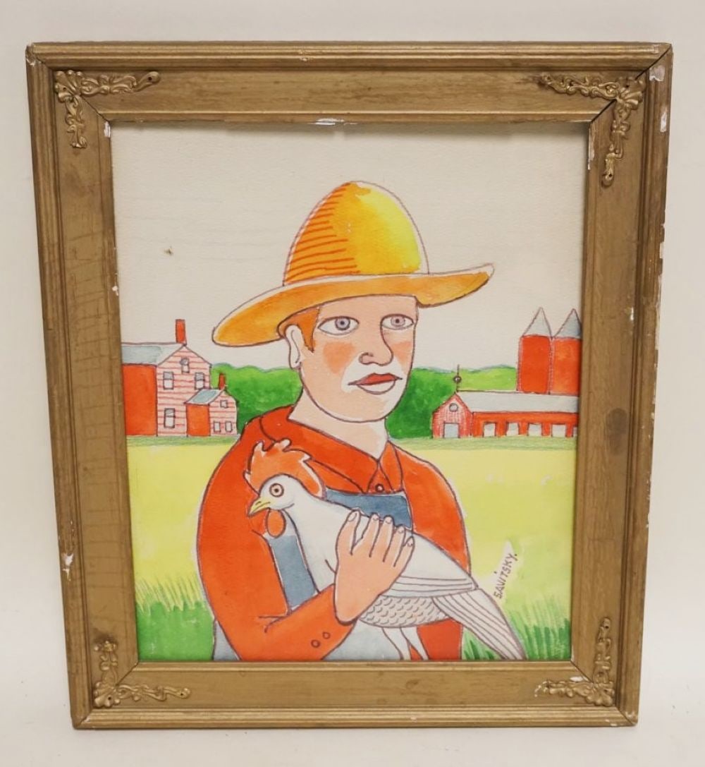 JACK SAVITSKY *THE BOY AND ROOSTER*: JACK SAVITSKY *THE BOY AND ROOSTER* CONTEMPORARY FOLK ART DATED ON BACK 1975, WATERCOLOR, APPROXIMATELY 11 1/2 IN X 13 1/2 IN OVERALL