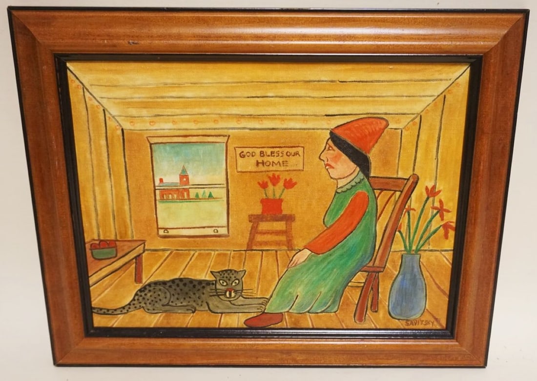 JACK SAVITSKY *WOMEN AND CAT*: JACK SAVITSKY *WOMEN AND CAT*, CONTEMPORARY FOLK ART, 74, APPROXIMATELY 12 IN X 14 1/2 IN