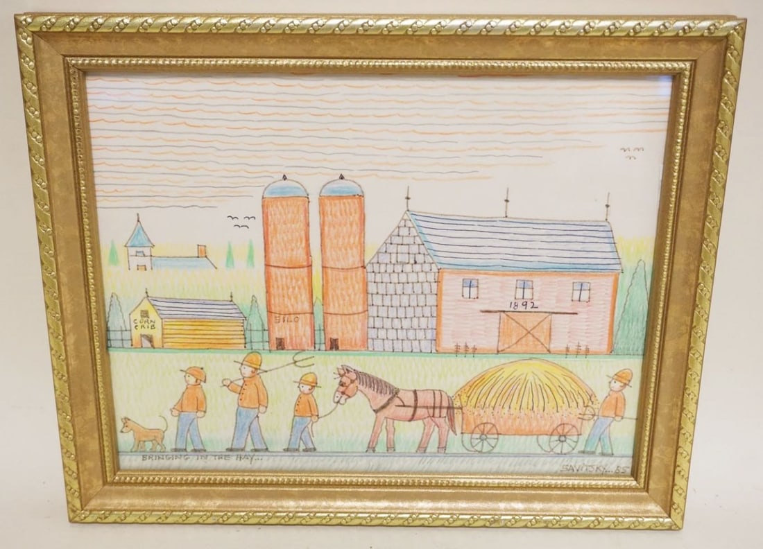 JACK SAVITSKY *BRINGING IN THE HAY*: JACK SAVITSKY *BRINGING IN THE HAY* CONTEMPORARY FOLK ART, MARKED ON BACK PASTEL, APPROXIMATELY 10 IN X 12 1/2 IN
