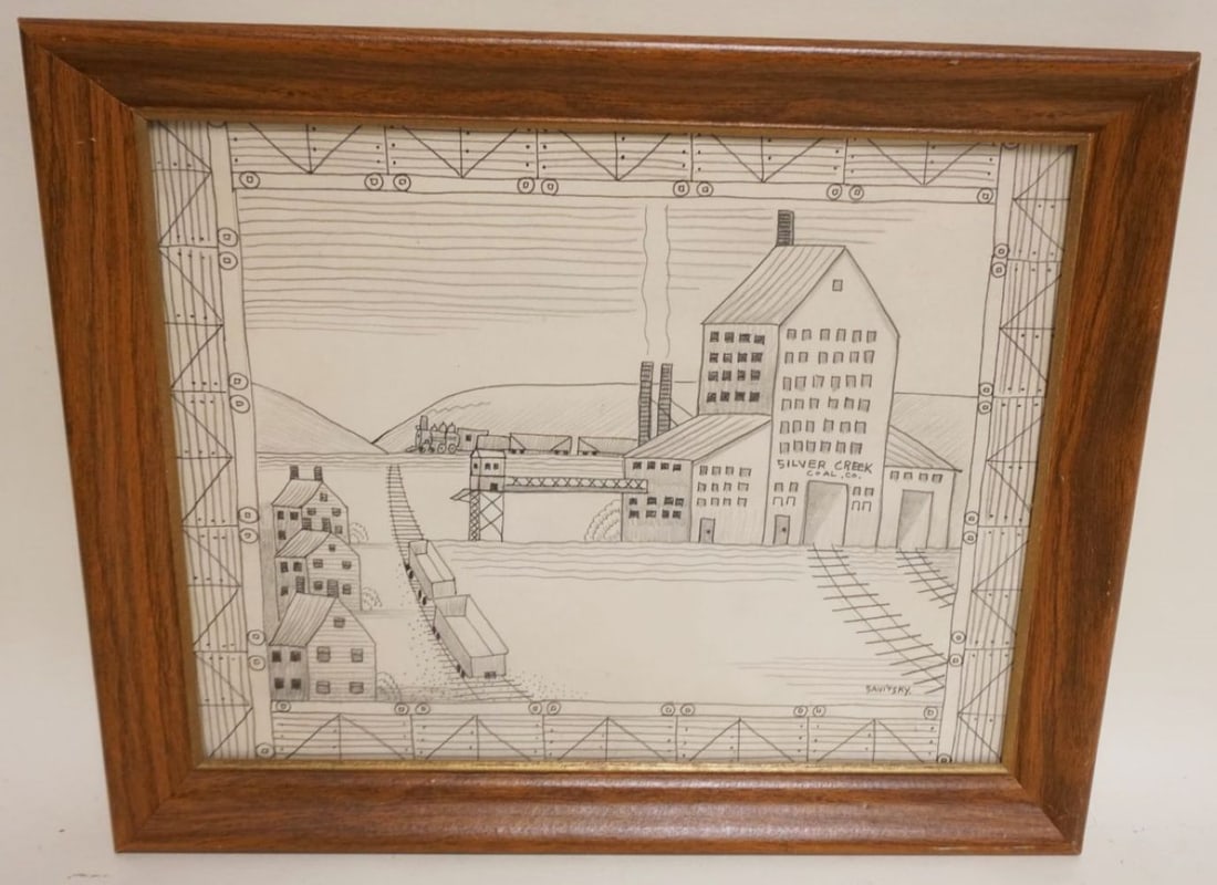 JACK SAVITSKY *SILVER CREEK BREAKER: JACK *SAVITSKY SILVER CREEK BREAKER 1946 COAL MINE*, CONTEMPORARY FOLK ART, MARKED ON BACK, APPROXIMATELY 13 1/2 IN X 16 1/2 IN OVERALL