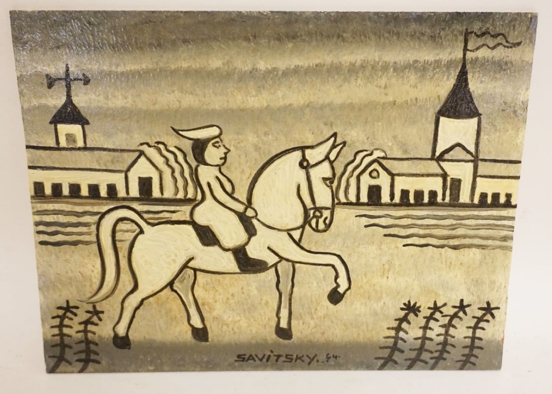JACK SAVITSKY OIL ON BOARD: JACK SAVITSKY OIL ON BOARD,CONTEMPORARY FOLK ART, APPROXIMATELY 8 IN X 10 1/4 IN
