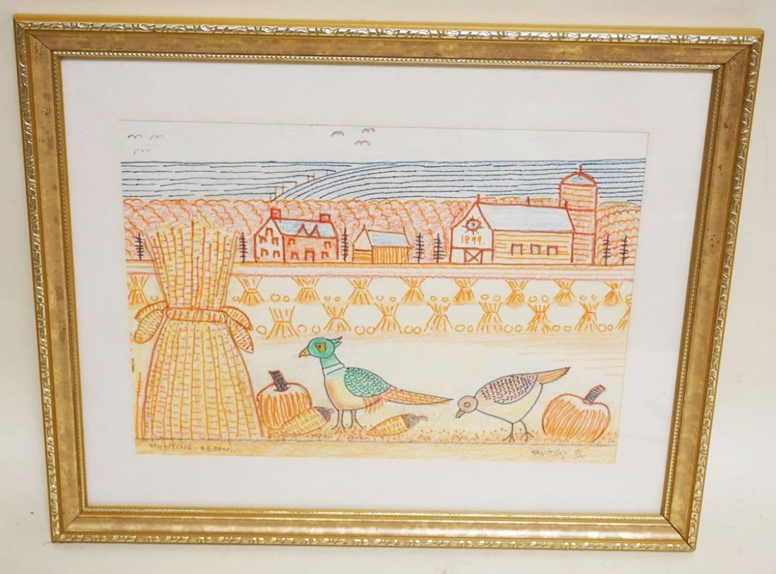 JACK SAVITSKY *HUNTING SEASON*: JACK SAVITSKY *HUNTING SEASON* CONTEMPORARY FOLK ART, PASTEL, 1991, MARKED ON BACK, APPROXIMATELY 15 1/2 IN X 12 1/2 IN