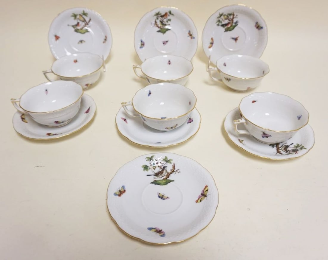 HEREND HAND PAINTED PORCELAIN: HEREND HAND PAINTED PORCELAIN *ROTHSCHILD* CUPS & SAUCERS, GROUP OF 6 W/IMAGES OF BIRDS & BUTTERFLIES *734 ROTHSCHILD* W/ONE EXTRA SAUCER