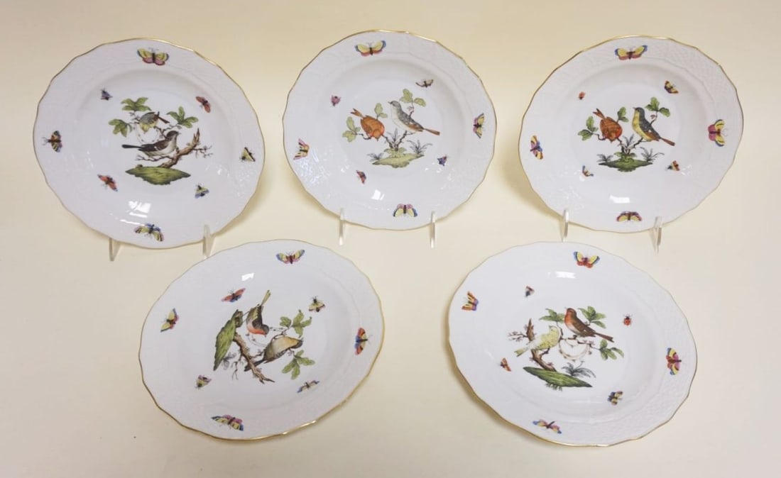 HEREND HAND PAINTED PORCELAIN: HEREND HAND PAINTED PORCELAIN *ROTHSCHILD* SHALLOW BOWLS W/IMAGES OF BIRDS & BUTTERFLIES, BASKET WEAVE RIM DESIGN, REVERSE HAND PAINTED BUTTERFLIES & BEETLES, APPROXIMATELY 8 1/4 IN