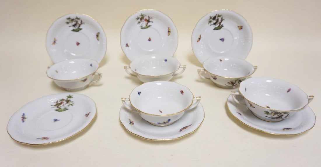 HEREND HAND PAINTED PORCELAIN: HEREND HAND PAINTED PORCELAIN *ROTHSCHILD* BULLION CUPS & SAUCERS, 5 W/ONE EXTRA SAUCER, W/IMAGES OF BIRDS & BUTTERFLIES