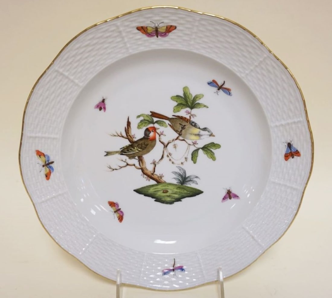 HEREND HAND PAINTED PORCELAIN: HEREND HAND PAINTED PORCELAIN *ROTHSCHILD* APPROXIMATELY 10 IN SHALLOW BOWL W/IMAGES OF BIRDS & BUTTERFLIES W/BASKET WEAVE DESIGN ON BORDER