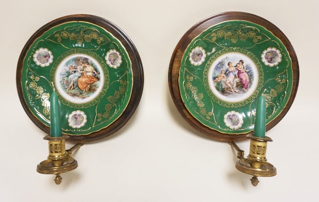 PAIR OF CANDLE SCONCES: PAIR OF CANDLE SCONCES W/MOUNTED PORCELAIN PLATES, EACH APPROXIMATELY 12 IN ROUND