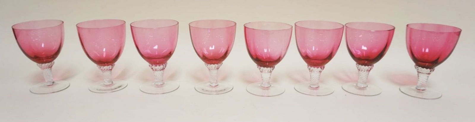8 CRANBERRY TO CLEAR GOBLETS: 8 CRANBERRY TO CLEAR GOBLETS, APPROXIMATELY 4 1/2 IN HIGH