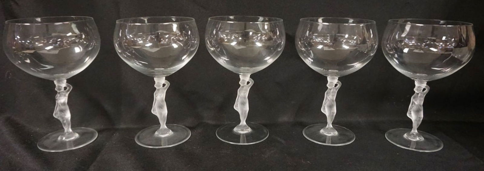 5 FROSTED GLASS NUDE STEM GOBLETS: 5 FROSTED GLASS NUDE STEM GOBLETS, APPROXIMATELY 7 3/4 IN HIGH