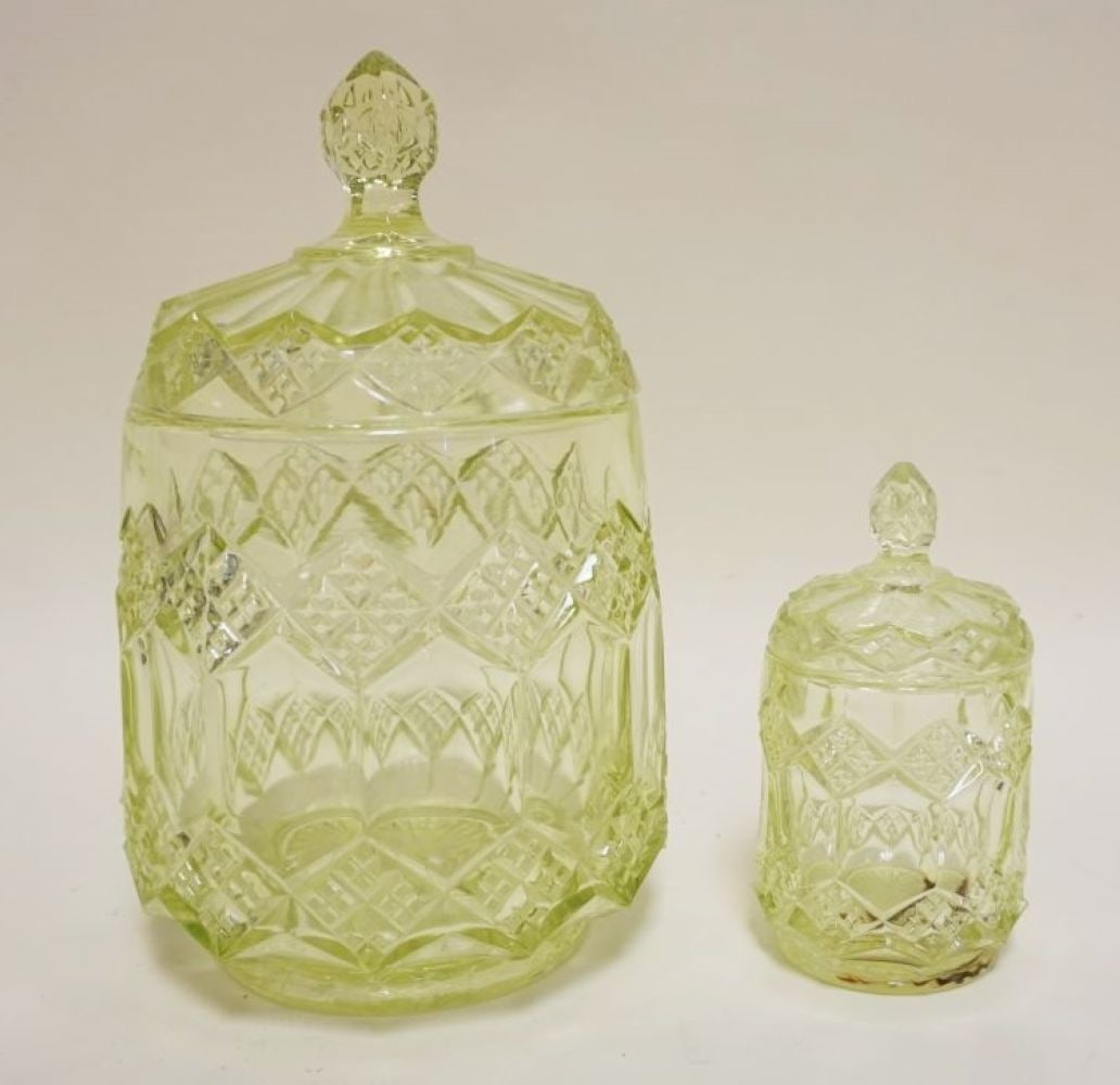 PRESSED GLASS VASELINE COVERED JARS (1 of 3)