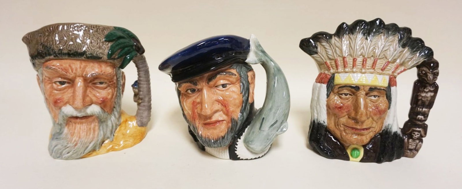 3 ROYAL DOULTON TOBIES: 3 ROYAL DOULTON TOBIES, ROBINSON CRUSOE, CAPT AHAB, & NORTH AMERICAN INDIAN, APPROXIMATELY 8 IN HIGH