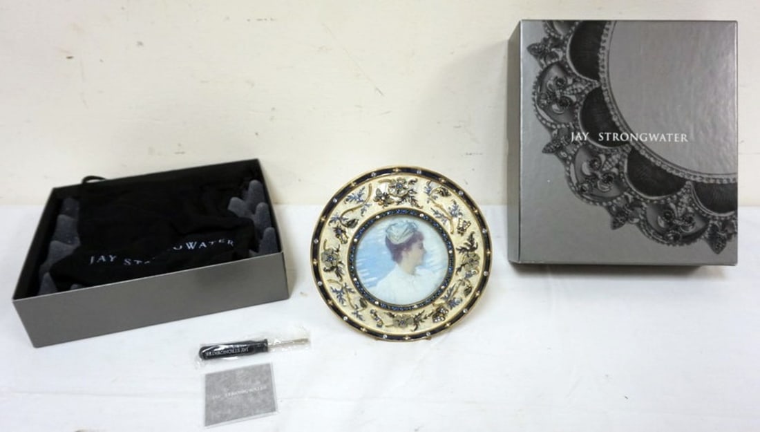 JAY STRONWATER JEWELED DRESSER FRAME: JAY STRONGWATER JEWELED ROUND DRESSER FRAME, APPROXIMATELY 6 IN