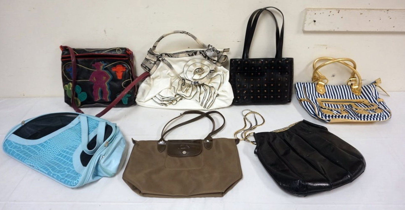 GROUP OF DESIGNER PURSES: GROUP OF 7 DESIGNER PURSES INCLUDING FIRESSE LA MODEL, LONGCHAMP, TANNER KROLLE LONDON, SOME WEAR