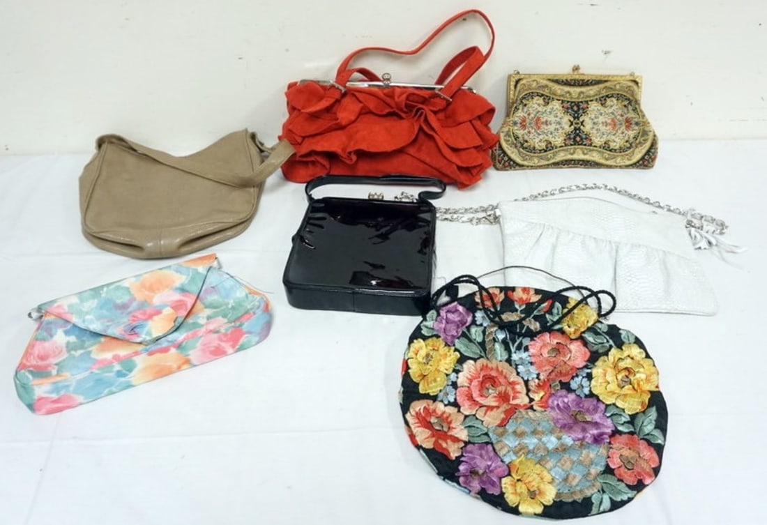 GROUP OF DESIGNER PURSES: GROUP OF 7 DESIGNER PURSES INCLUDING CHEZ, DESMO, CHARLES JOURDIN PARIS, JAZZAT, SOME WEAR