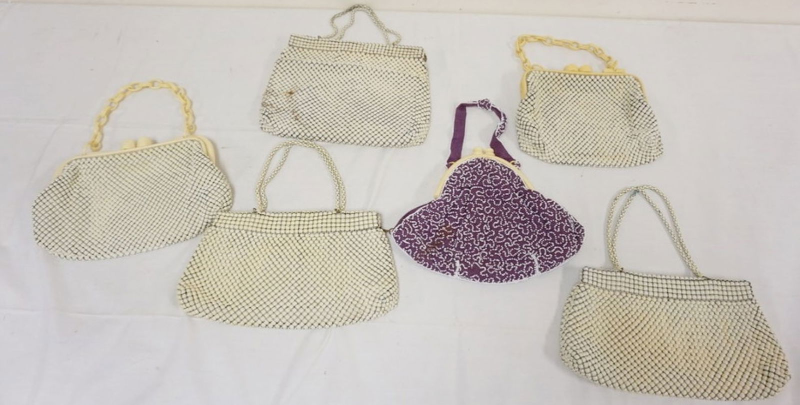 GROUP OF DESIGNER BAGS: GROUP OF MESH DESIGNER BAGS SOME WITH LUCITE HANDLES, 2 WHITING DAVIS, NEED CLEANING