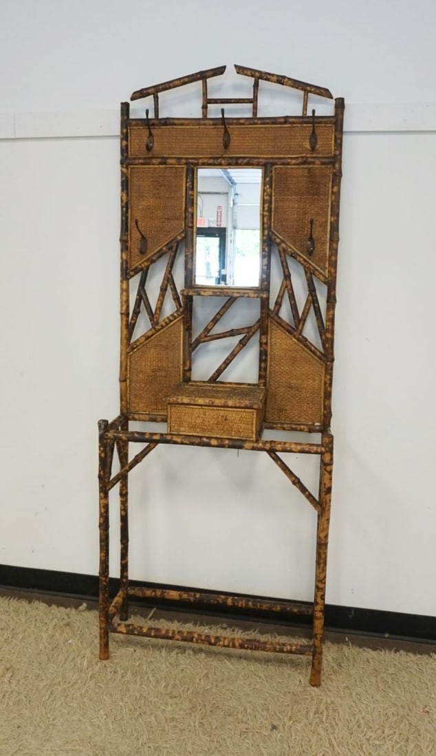 SMOKED BAMBOO AND RATTAN MIRROR BACK HALL TREE (1 of 3)