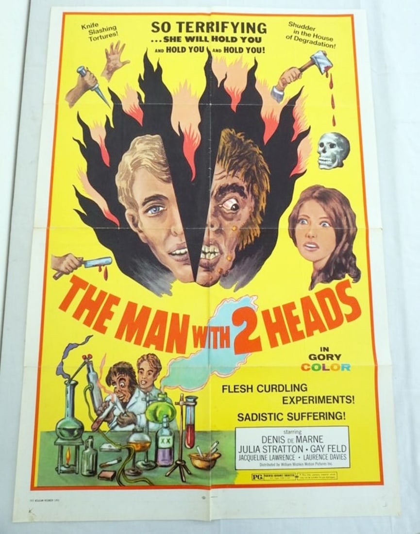 VINTAGE MOVIE POSTER *THE MAN WITH 2 HEADS*: VINTAGE MOVIE POSTER *THE MAN WITH 2 HEADS* IN GORY COLOR, 1972, APPROXIMATELY 27 IN X 41 IN