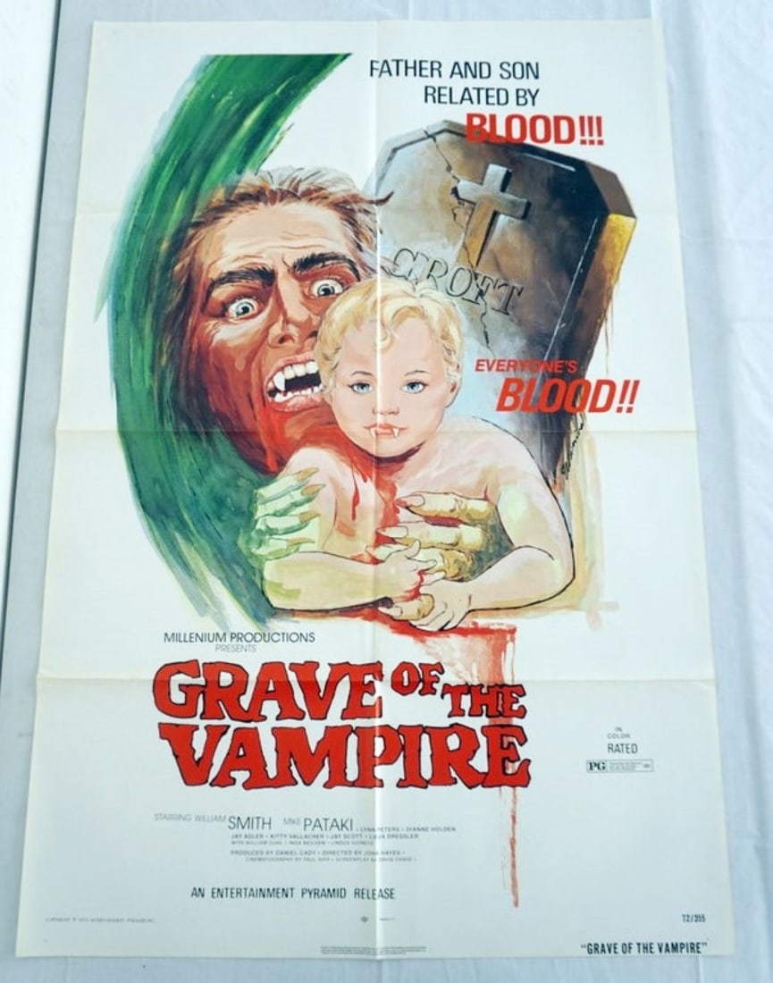 VINTAGE MOVIE POSTER *GRAVE OF THE VAMPIRE*: VINTAGE MOVIE POSTER *GRAVE OF THE VAMPIRE* 1972, FATHER & SON RELATED BY BLOOD, WILLIAM SMITH, MILLENIUM PRODUCTIONS, APPROXIMATELY 27 IN X 41 IN