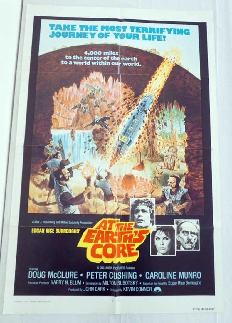 VINTAGE MOVIE POSTER *AT THE EARTHS CORE*: VINTAGE MOVIE POSTER *AT THE EARTHS CORE* 1976, PETER CUSHING, DOUG MCCLURE, APPROXIMATELY 27 IN X 41 IN