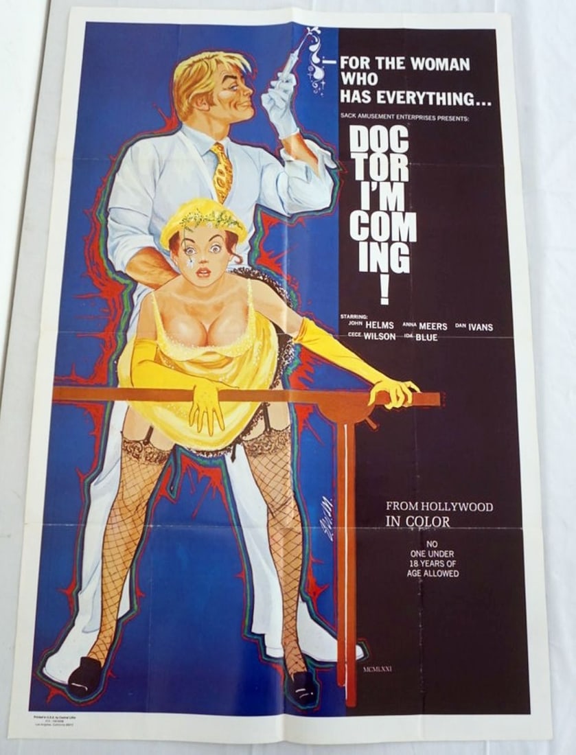 VINTAGE MOVIE POSTER *DOCTOR I'M COMING*: VINTAGE MOVIE POSTER *DOCTOR I'M COMING* FOR THE WOMAN WHO HAS EVERYTHING, 1972, SACK AMUSMENT ENTERPRISES, APPROXIMATELY 27 IN X 41 IN