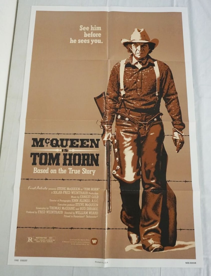 VINTAGE MOVIE POSTER *TOM HORN*: VINTAGE MOVIE POSTER *TOM HORN* STEVE MCQUEEN, 1980, WARNER BROS, APPROXIMATELY 27 IN X 41 IN