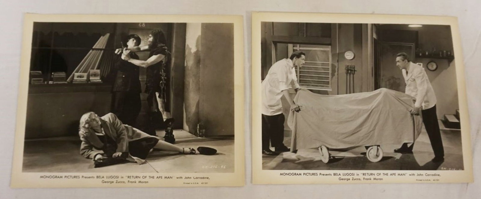 VINTAGE MOVIE STILLS/PHOTOS: VINTAGE MOVIE STILLS/PHOTOS *RETURN OF THE APE MAN* BELA LUGOSA, JOHN CARRADINE, 1944, LOT OF 2