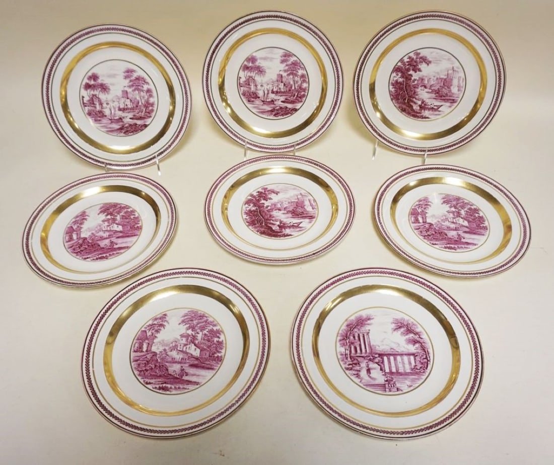 WEDGWOOD EUTRURIA PLATES: WEDGWOOD EUTRURIA PLATES DEPICTING ASSORTED CASTLE SCENES, 8-10 IN PLATES