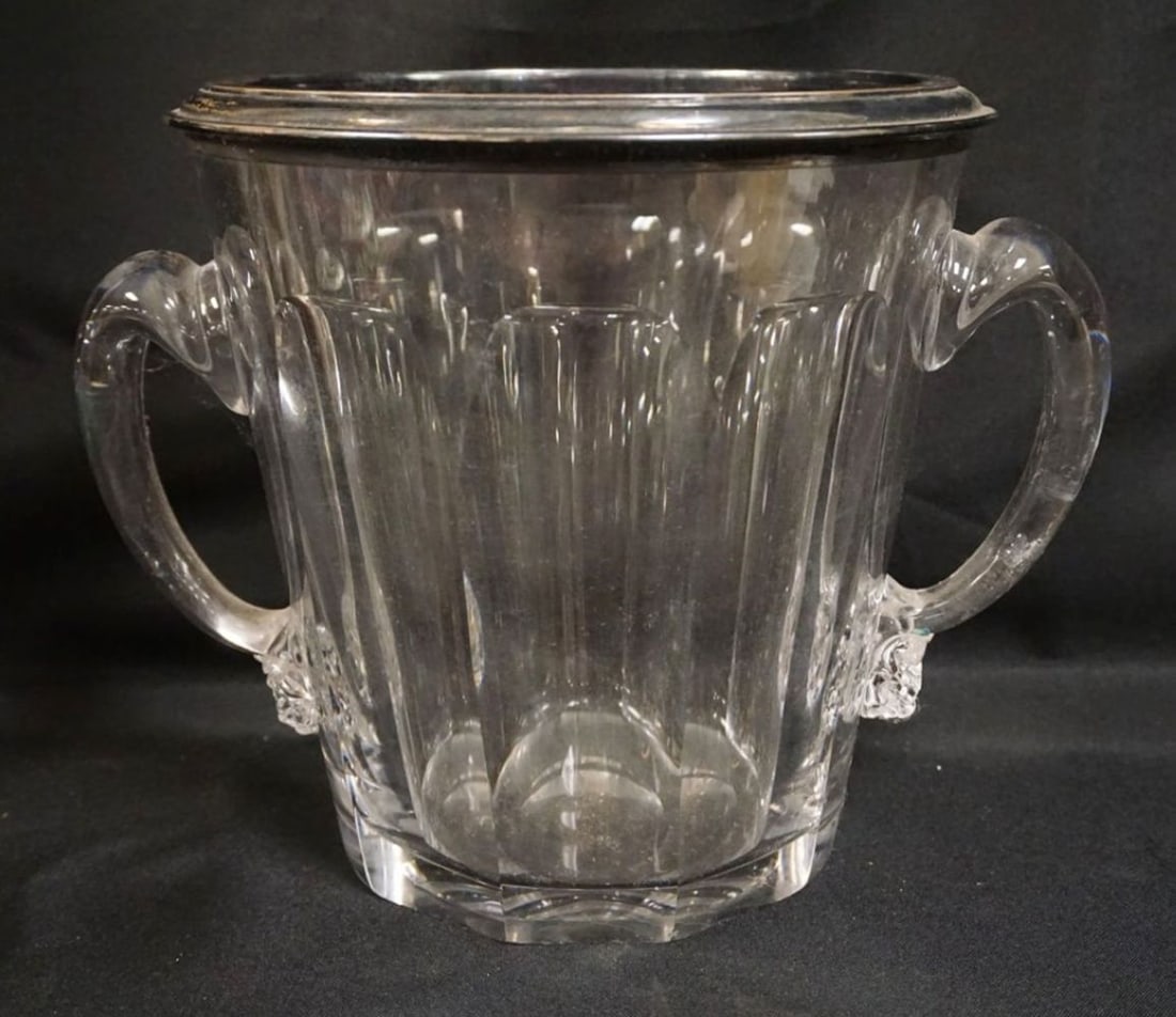 ANTIQUE HEAVY GLASS CHAMPAGNE BUCKET: ANTIQUE HEAVY GLASS CHAMPAGNE BUCKET, DOUBLE HANDLED, GOUND & POLISHED BASE, ETCHED MADE IN FRANCE, SILVERPLATE TOP RIM, APPROXIMATELY 12 IN X 10 IN