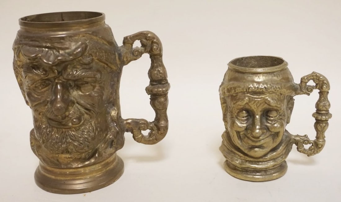 BRASS FIGURAL MUGS: PAIR OF BRASS FIGURAL MUGS, LARGEST APPROXIMATELY 5 IN H