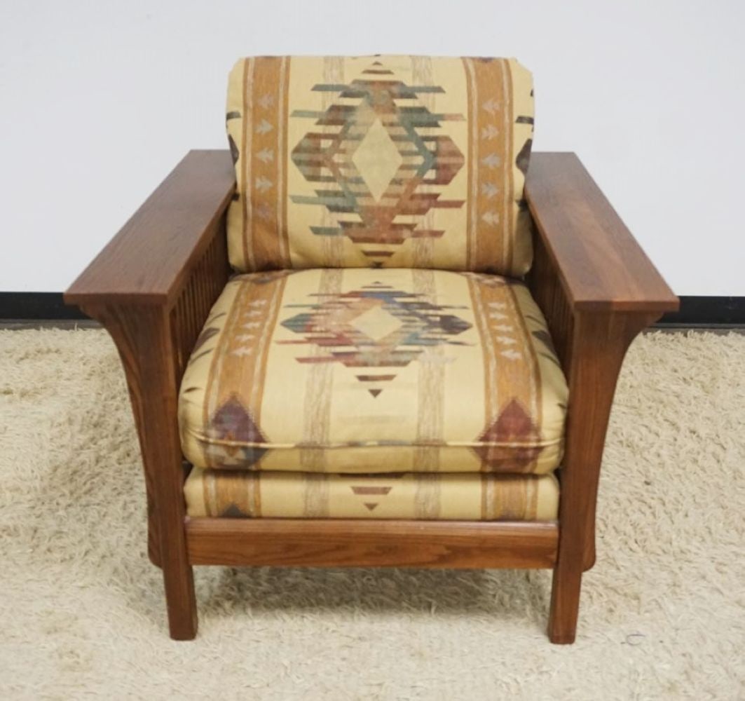 BASSETT MISSION OAK STYLE ARM CHAIR: BASSETT MISSION OAK STYLE ARM CHAIR, APPROXIMATELY 45 IN X 38 IN X 36 IN H