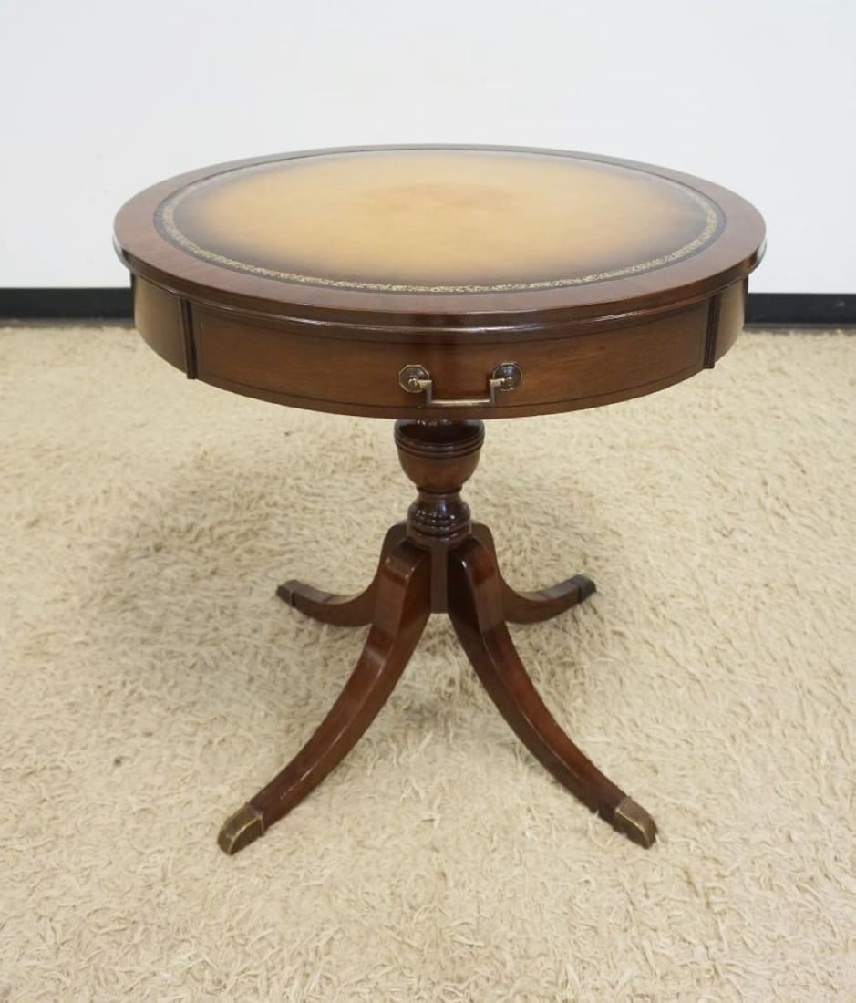 MAHOGANY LEATHER TOP DRUM TABLE (1 of 2)