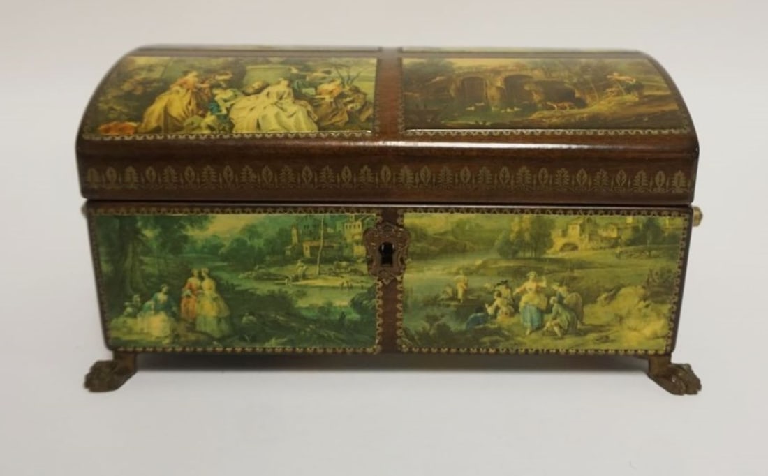 REUGE SWISS MUSIC BOX: REUGE SWISS MUSIC BOX, DOME TOP BOX W/METAL PAW FEET & SIDE BAILS, 4 TUNES, THE SOUND OF MUSIC, DO-RE-ME, EDELWEISS, CLIMB EVERY MOUNTAIN, APPROXIMATELY 5 1/2 IN X 8 IN X 4 1/4 IN HIGH