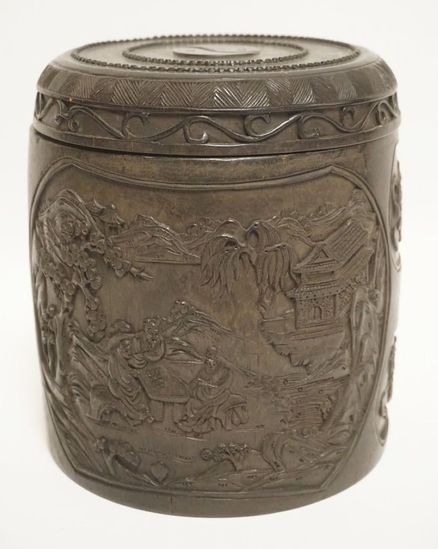ASIAN WOOD CARVED COVERED JAR (1 of 8)