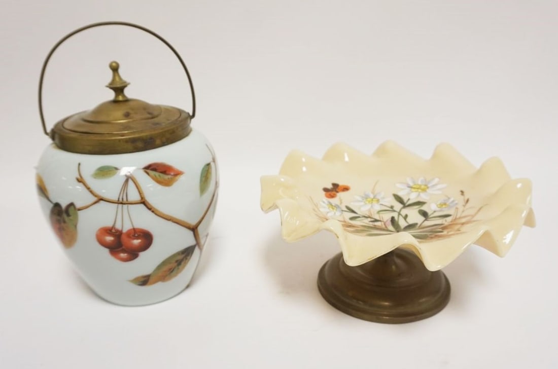 ANTIQUE MILK GLASS BISCUIT JAR & COMPOTE: ANTIQUE MILK GLASS BISCUIT JAR & HAND PAINTED COMPOTE, COMPOTE APPROXIMATELY 8 IN X 4 IN HIGH