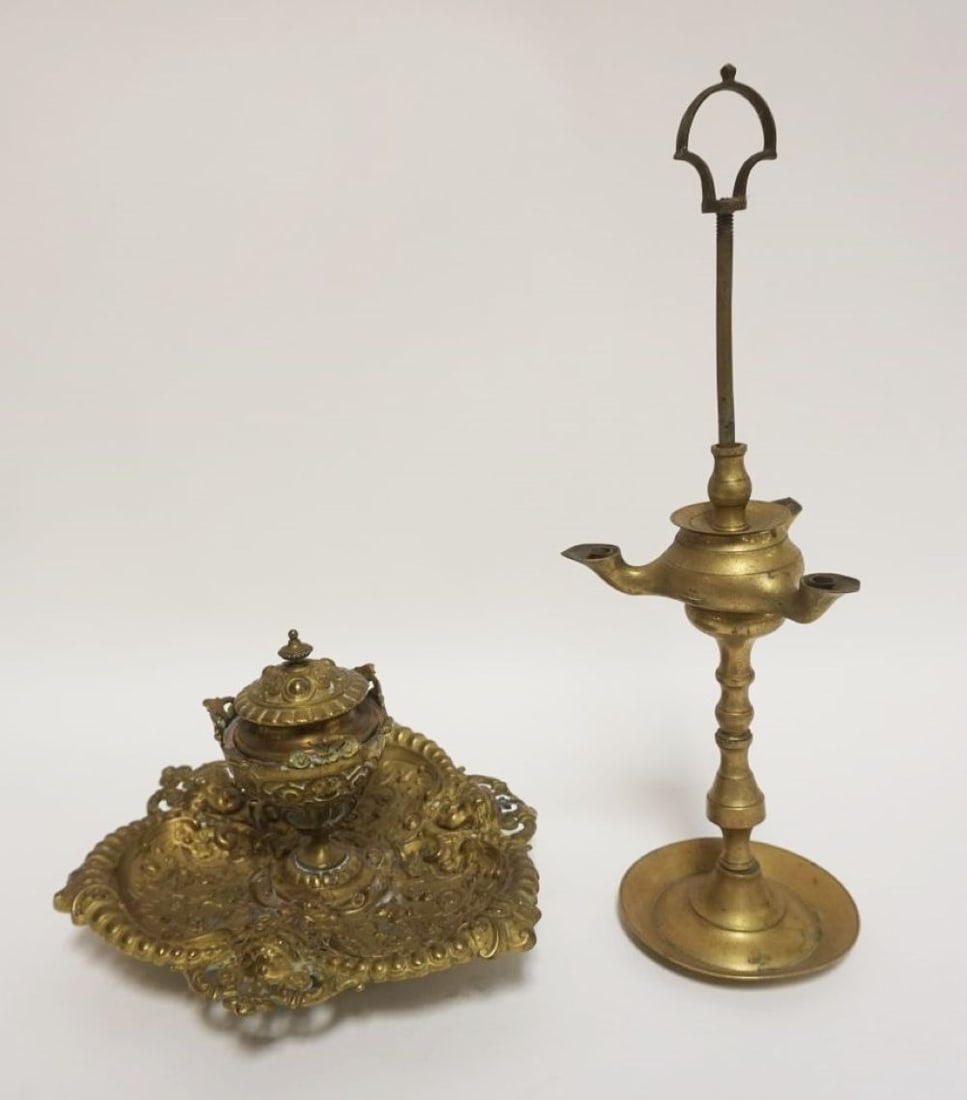 ANTIQUE BRASS INKWELL & BETTY LAMP (1 of 5)