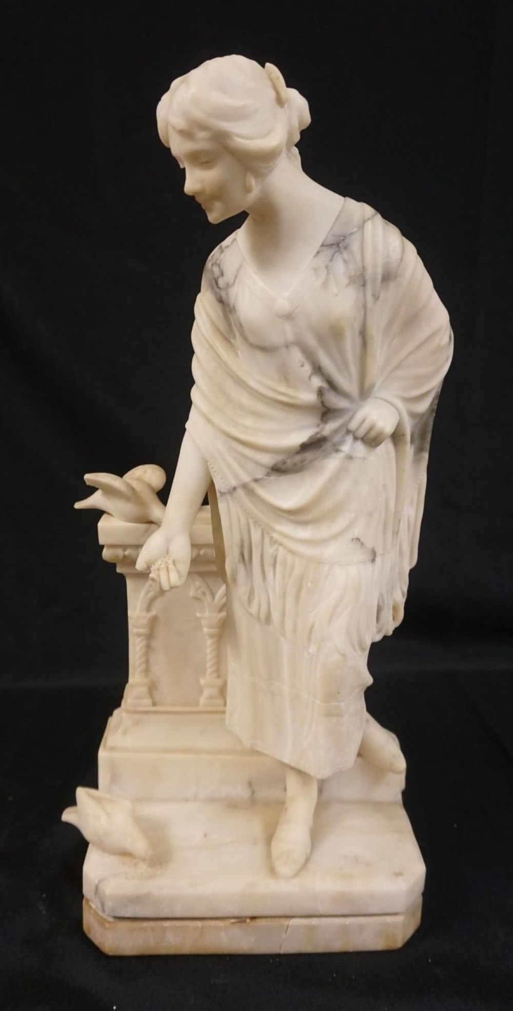 CARVED MARBLE STATUE OF WOMAN: CARVED MARBLE STATUE OF WOMAN FEEDING PIGEONS, SOME LOSS TO CARVING, APPROXIMATELY 6 IN X 9 IN X 20 IN HIGH