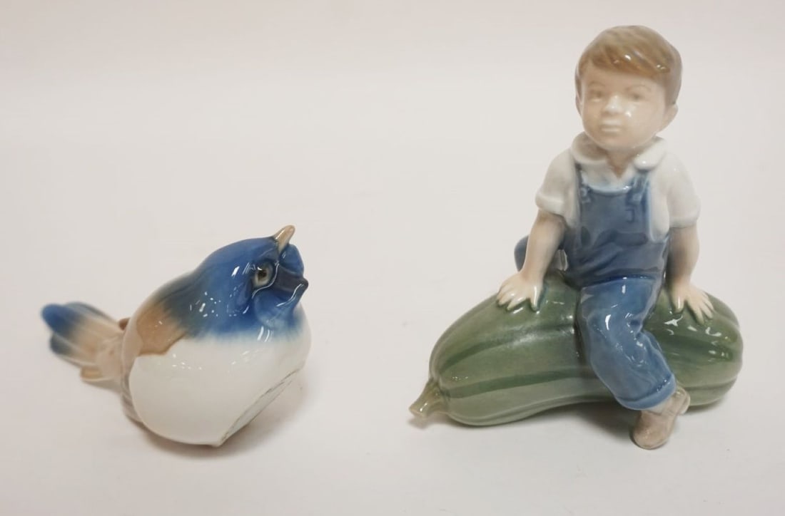 ROYAL COPENHAGEN & B&G FIGURES: ROYAL COPENHAGEN FIGURE *BOY ON MELON* & B&G BIRD FIGURE, TALLEST APPROXIMATELY 5 IN