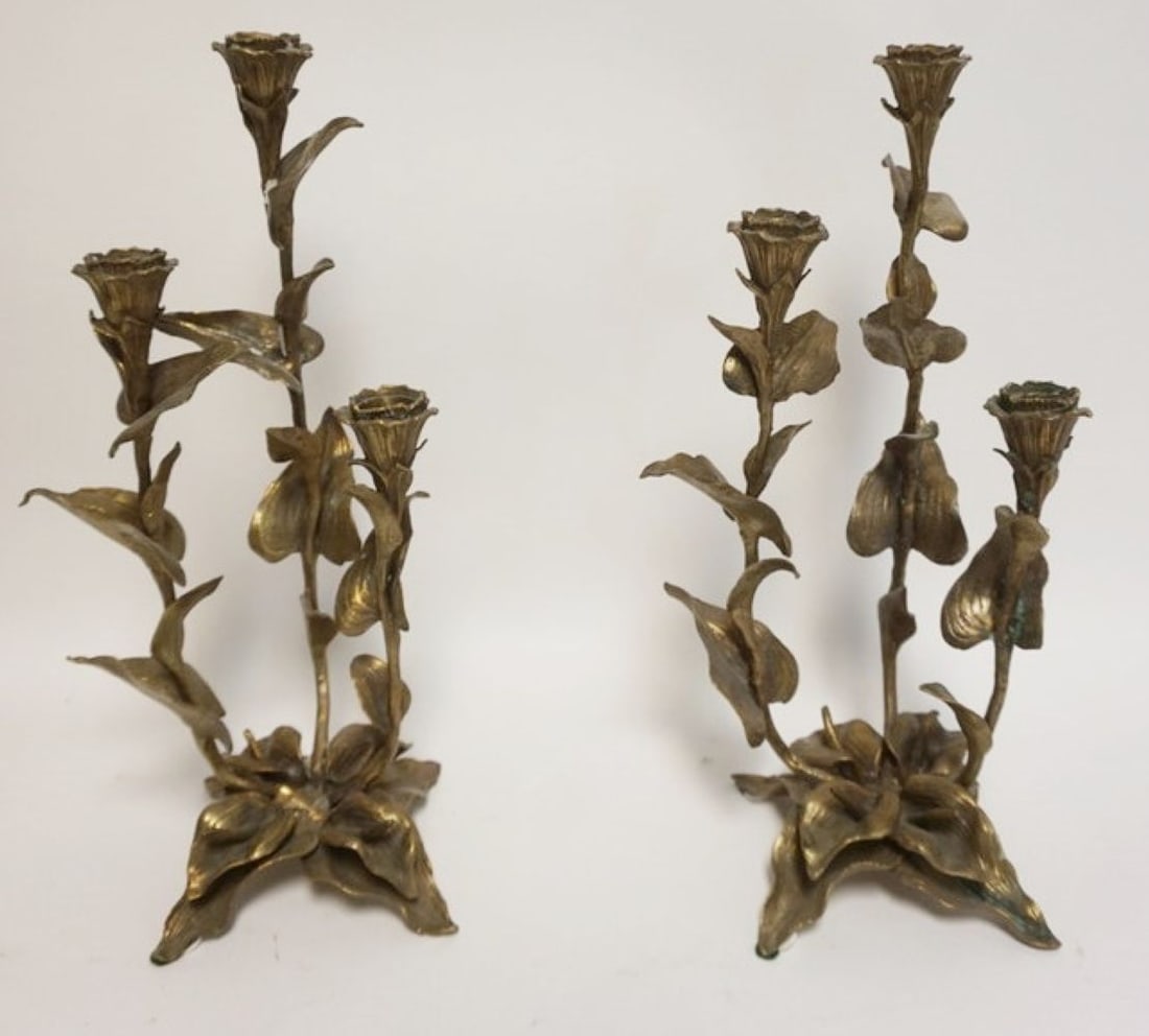PAIR OF ORNATE FLORAL BRASS CANDELABRA: PAIR OF ORNATE FLORAL BRASS CANDELABRA, ARTIST SIGNED ON BASE, APPROXIMATELY 15 IN HIGH