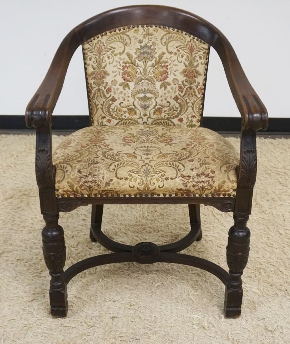 CARVED OAK UPHOLSTERED BARREL BACK CHAIR (1 of 5)