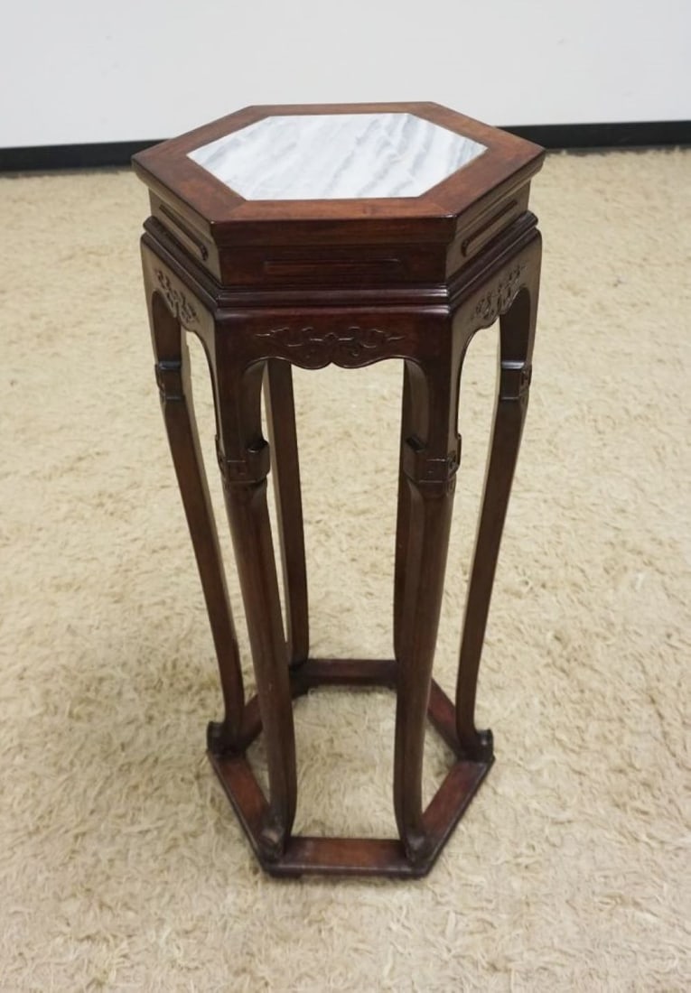 TEAK ASIAN STAND W/INSET MARBLE PEDESTAL: TEAK ASIAN STAND W/INSET MARBLE PEDESTAL, APPROXIMATELY 13 IN X 33 IN HIGH