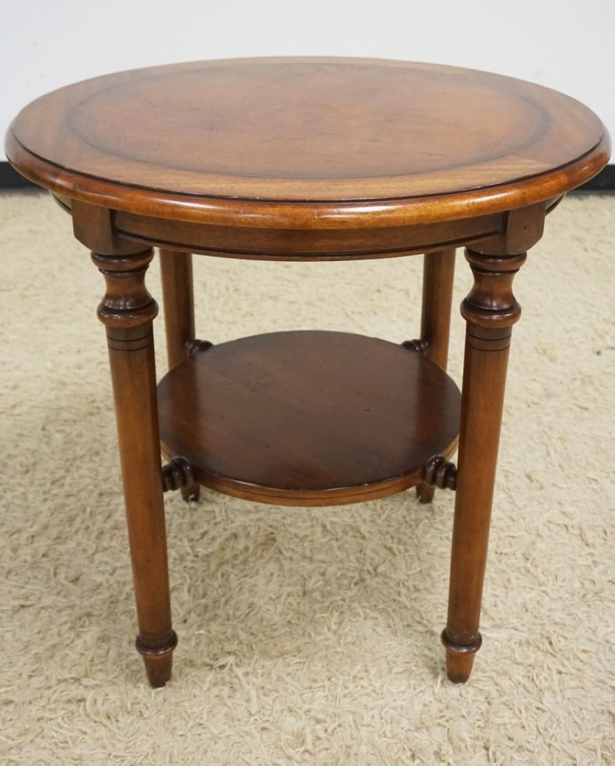 SOUTH CONE FURNITURE LAMP/OCCASSIONALTABLE: SOUTH CONE FURNITURE MAHOGANY ROUND LAMP/OCCASSIONALTABLE W/LEATHER INSET CENTER, APPROXIMATELY 28 IN X 28 IN HIGH