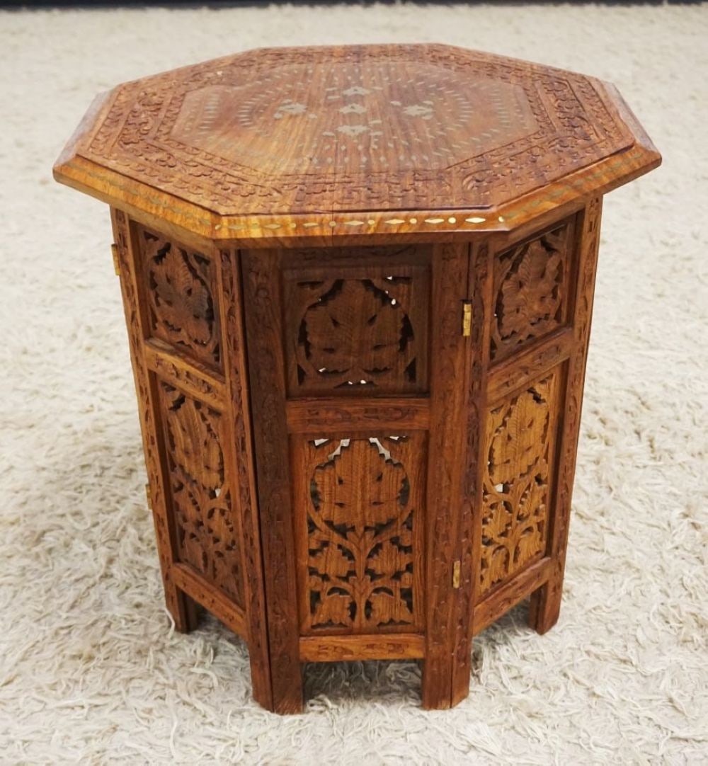 BRASS INLAID & PIERCED CARVED MOROCCAN OTAGON TABLE: BRASS INLAID & PIERCED CARVED MOROCCAN OTAGON TABLE, APPROXIMATELY 18 IN X 19 IN HIGH