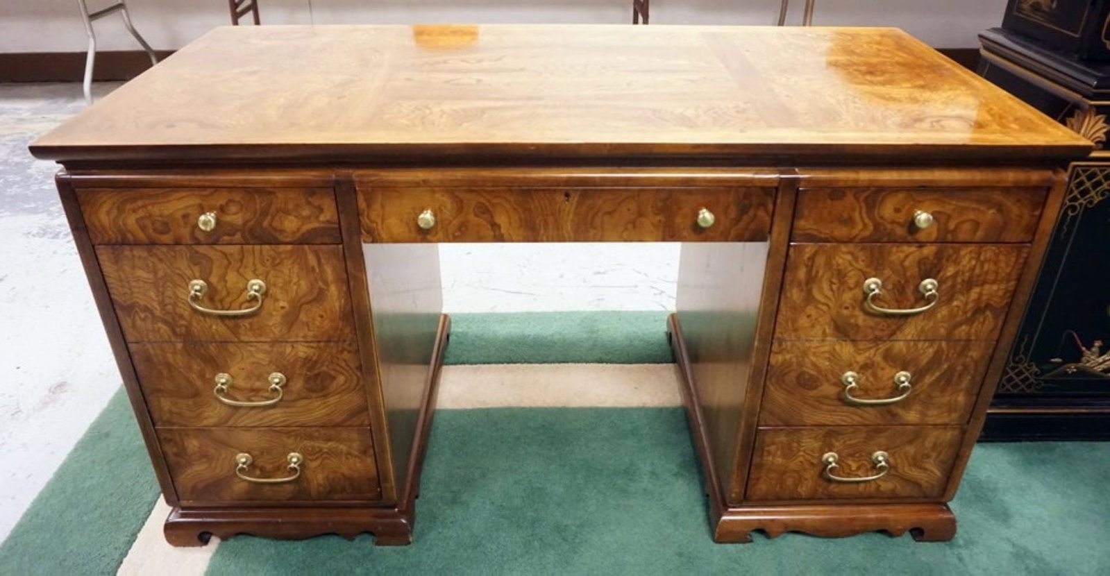 LANE BURLED WOOD 9 DRAWER DESK: LANE BURLED WOOD 9 DRAWER DESK, APPROXIMATELY 54 IN X 26 IN X 30 IN HIGH