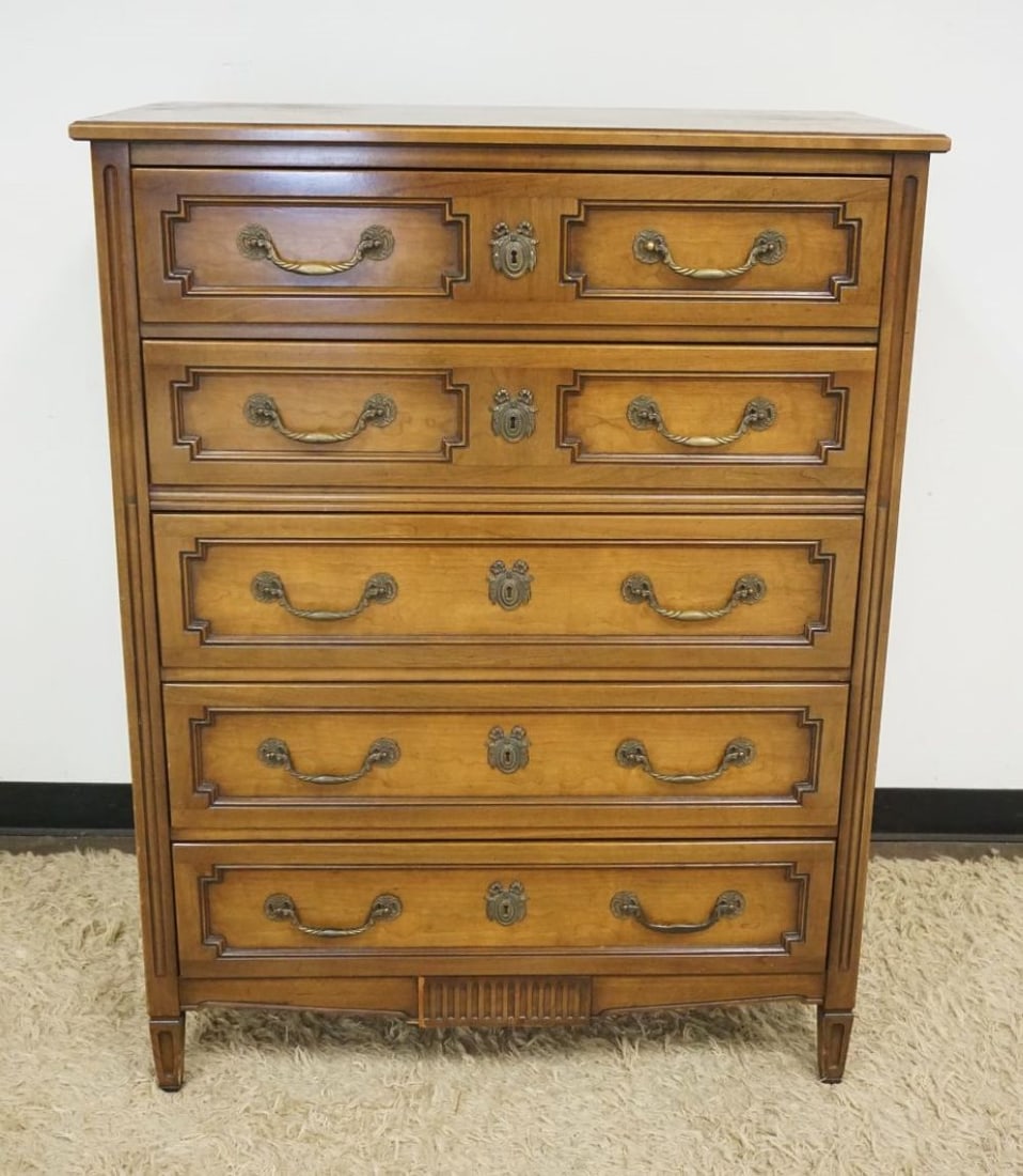 HENREDON CHERRY 5 DRAWER TALL CHEST: HENREDON CHERRY 5 DRAWER TALL CHEST, LOSS TO BOTTOM SKIRT, APPROXIMATELY 39 IN X 19 IN X 51 IN HIGH