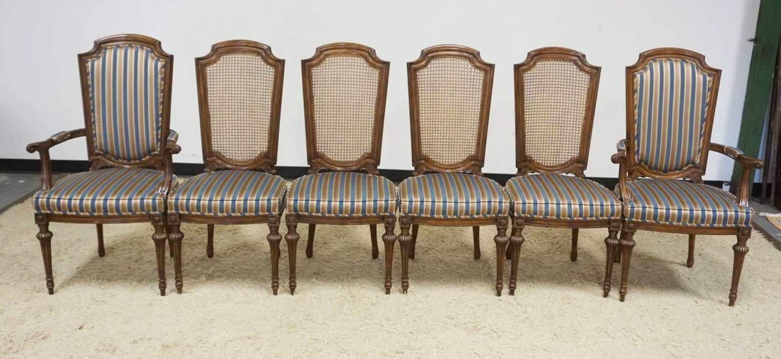 SET OF 6 FRUITWOOD UPHOLSTERED CHAIRS: SET OF 6 FRUITWOOD UPHOLSTERED CHAIRS, 2 ARM, 4 SIDE, SIDE CHAIRS W/WOVEN CANE BACK