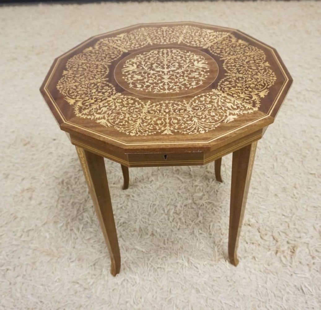 REUGE INLAID MUSIC BOX STAND: REUGE INLAID MUSIC BOX STAND, APPROXIMATELY 18 1/4 IN X 20 IN HIGH