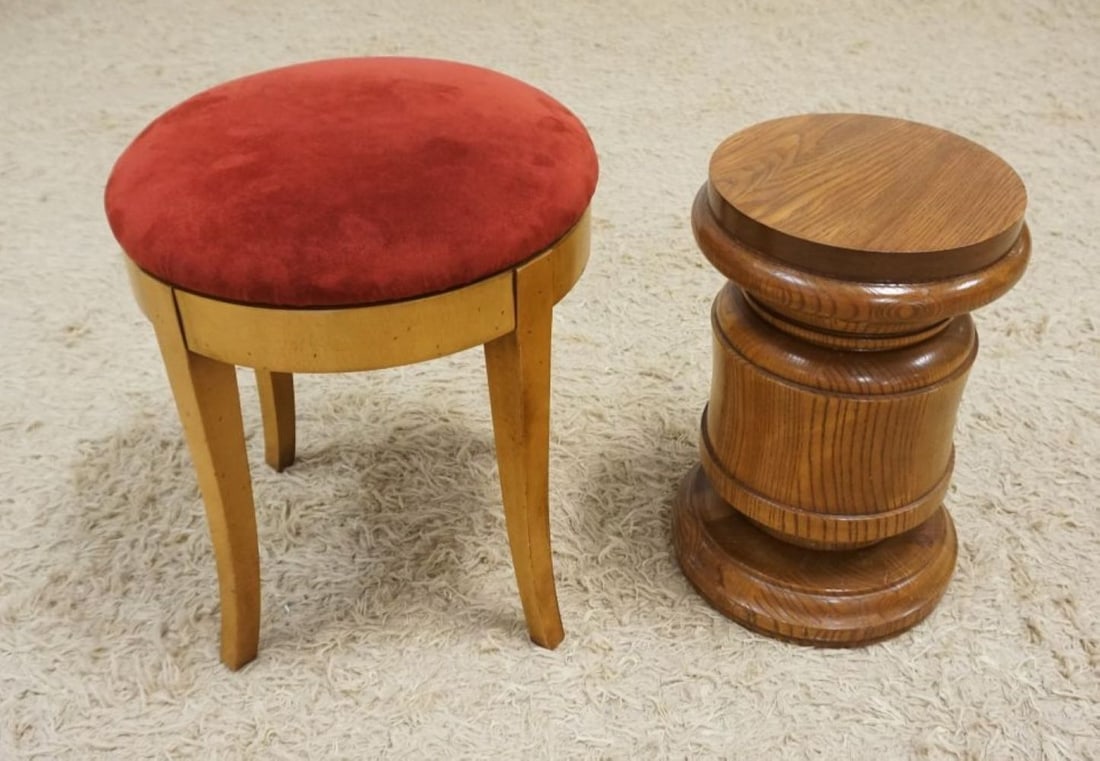 VELOUR UPHOLSTERED STOOL & OAK PEDESTAL (1 of 2)